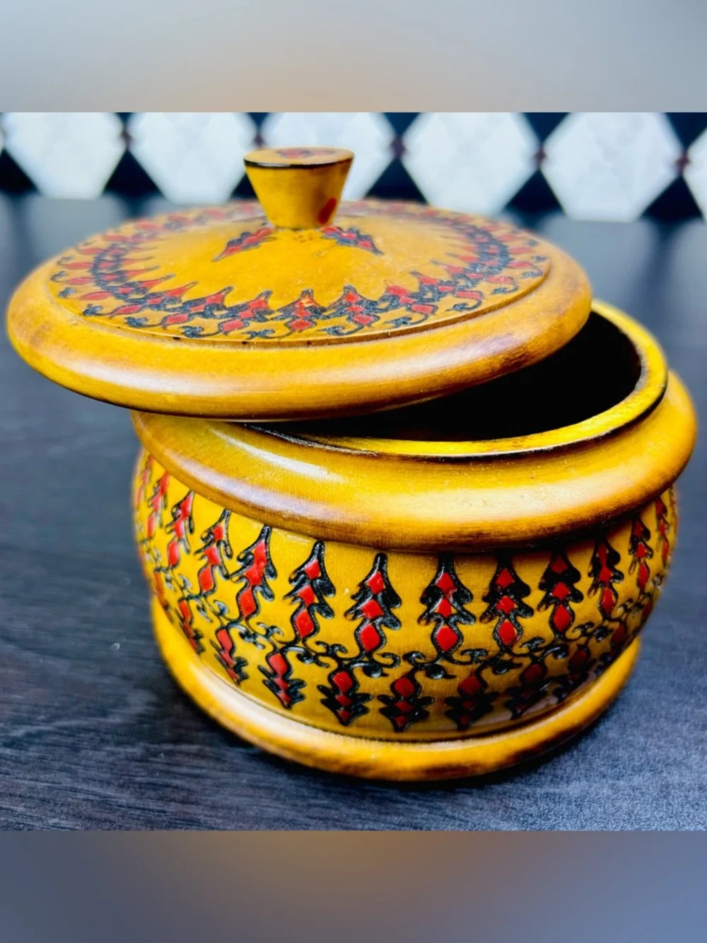Romanian Wooden Box Hand Carved Poiana Brasov Folk Art Lidded Container Etched